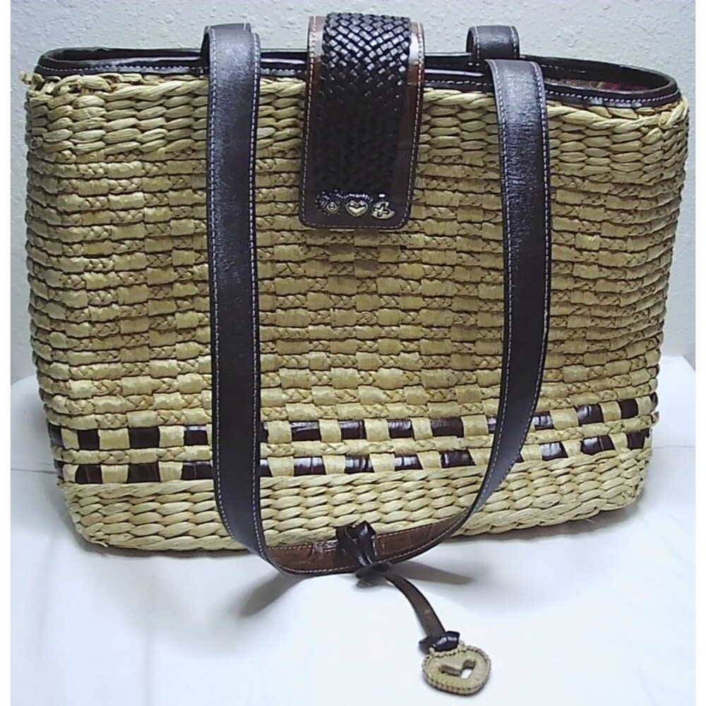 Brighton Hallie Woven Straw & Brown Croc-embossed Leather Bucket Beach Bag Purse